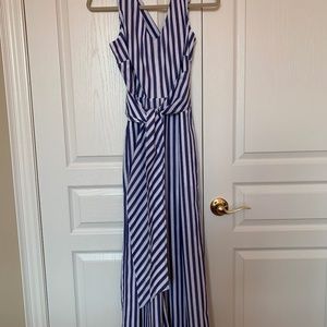 WHITE AND BLUE STRIPED SLEEVELESS WIDE LEG JUMPSUIT